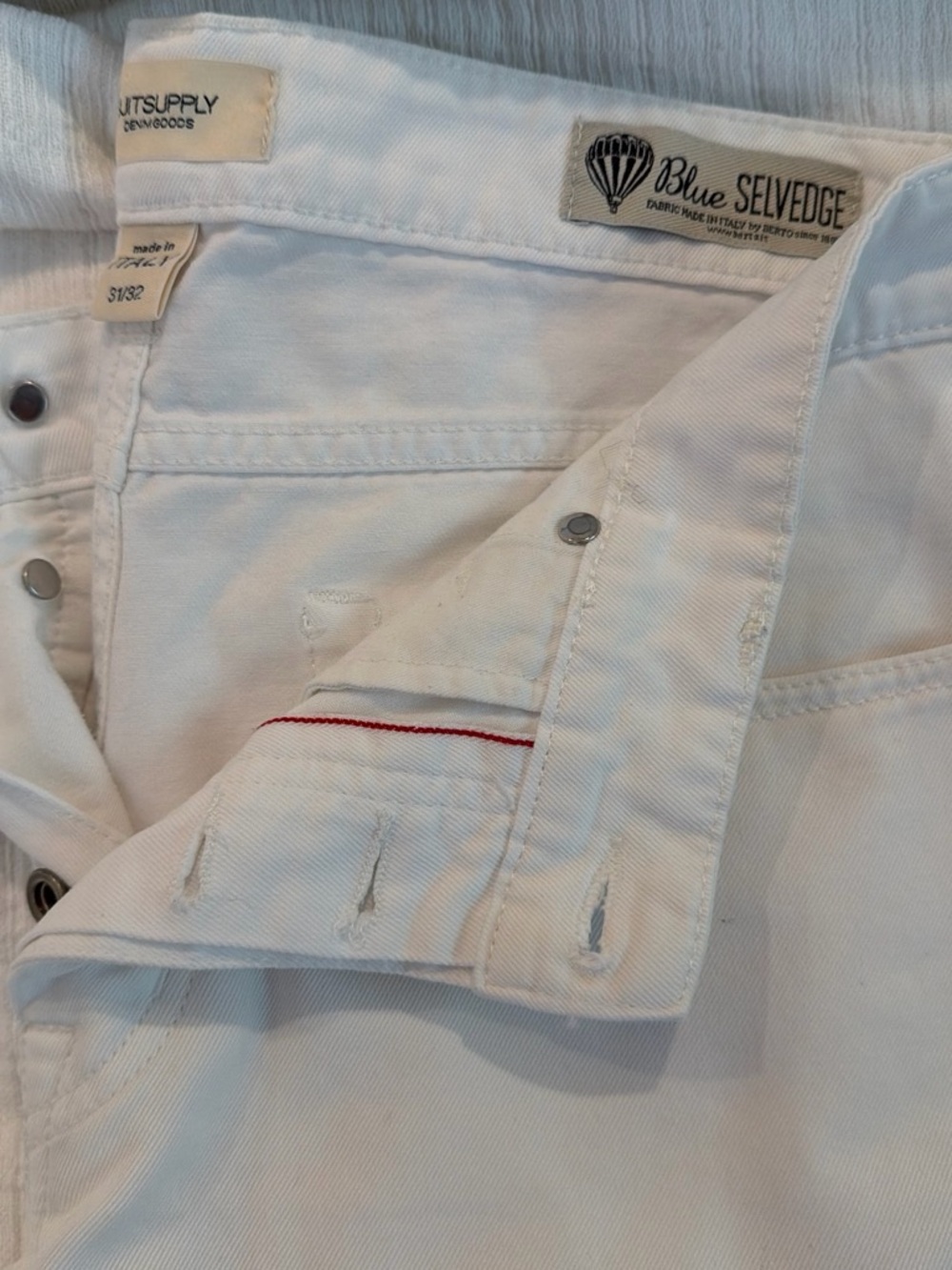 Suitsupply White Selvedge Denim Pants with Red Stitch Detail